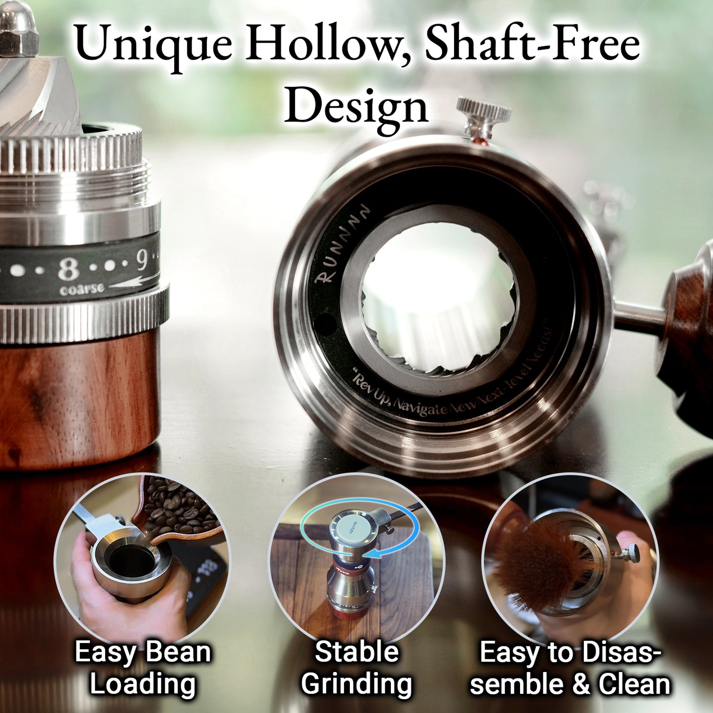 RUNNNN UPVOID Manual Coffee Grinder, Hollow Shaftless Burr Grinder for Espresso, Adjustable Grind Size, Anti-Static Stainless Steel/Aluminum Hand Grinder, Low Retention, Lightweight Portable & Easy to Clean