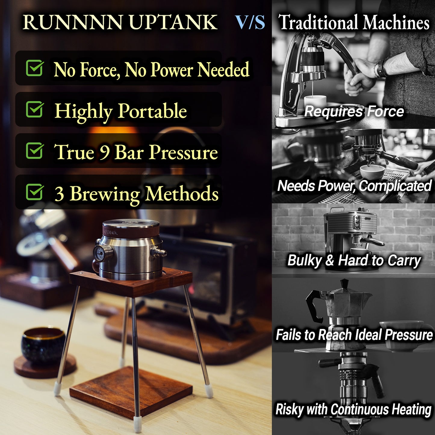RUNNNN UPTANK Portable Espresso Machine (Maker Only, with Stand), 9 Bar Manual Pneumatic Espresso Maker, No Electricity, Stainless Steel Coffee Maker