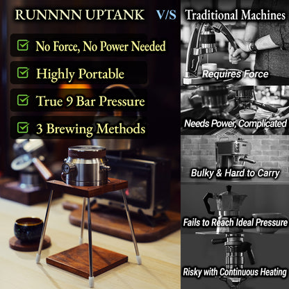 RUNNNN UPTANK Portable Espresso Machine (Maker Only, with Stand), 9 Bar Manual Pneumatic Espresso Maker, No Electricity, Stainless Steel Coffee Maker