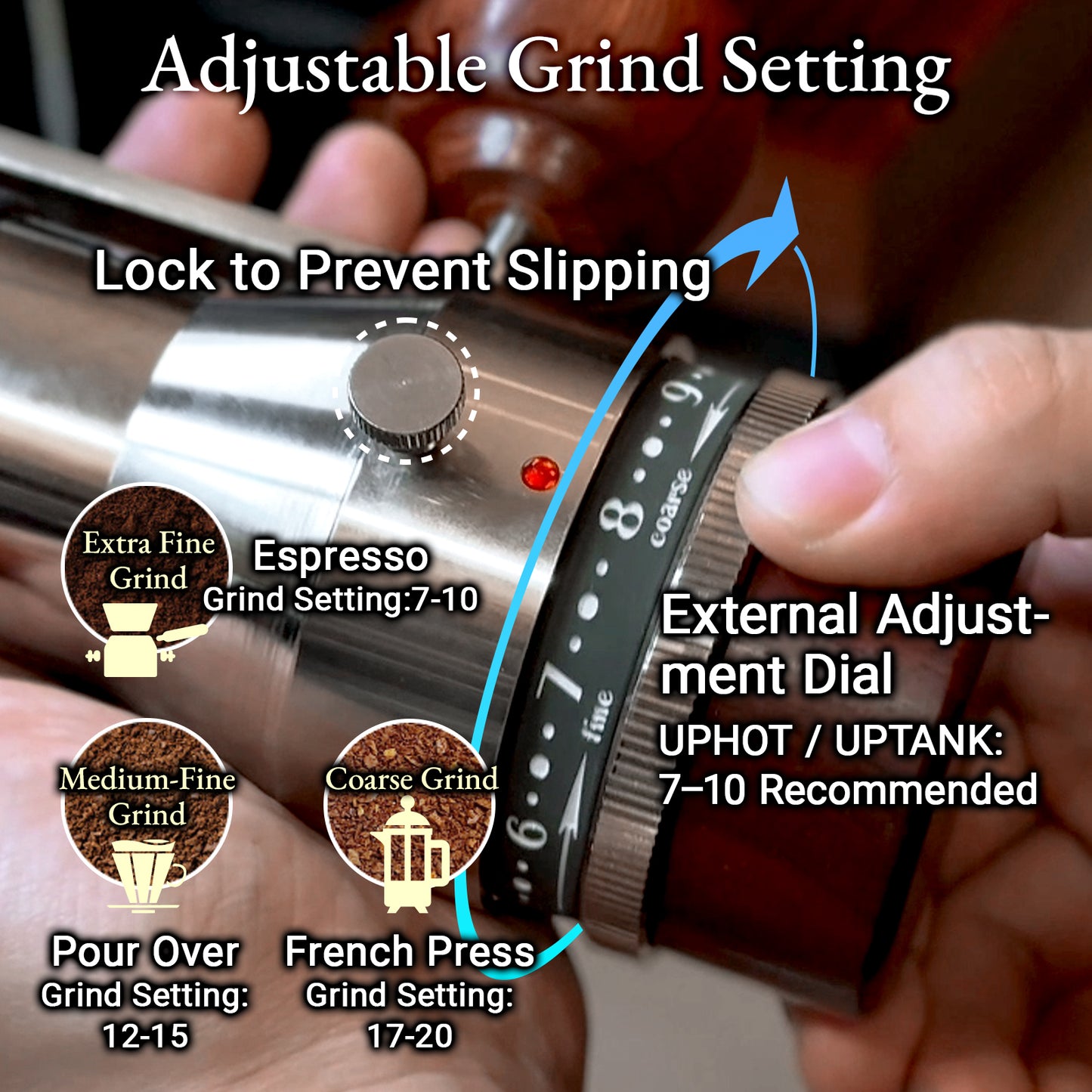 RUNNNN UPVOID Manual Coffee Grinder, Hollow Shaftless Burr Grinder for Espresso, Adjustable Grind Size, Anti-Static Stainless Steel/Aluminum Hand Grinder, Low Retention, Lightweight Portable & Easy to Clean