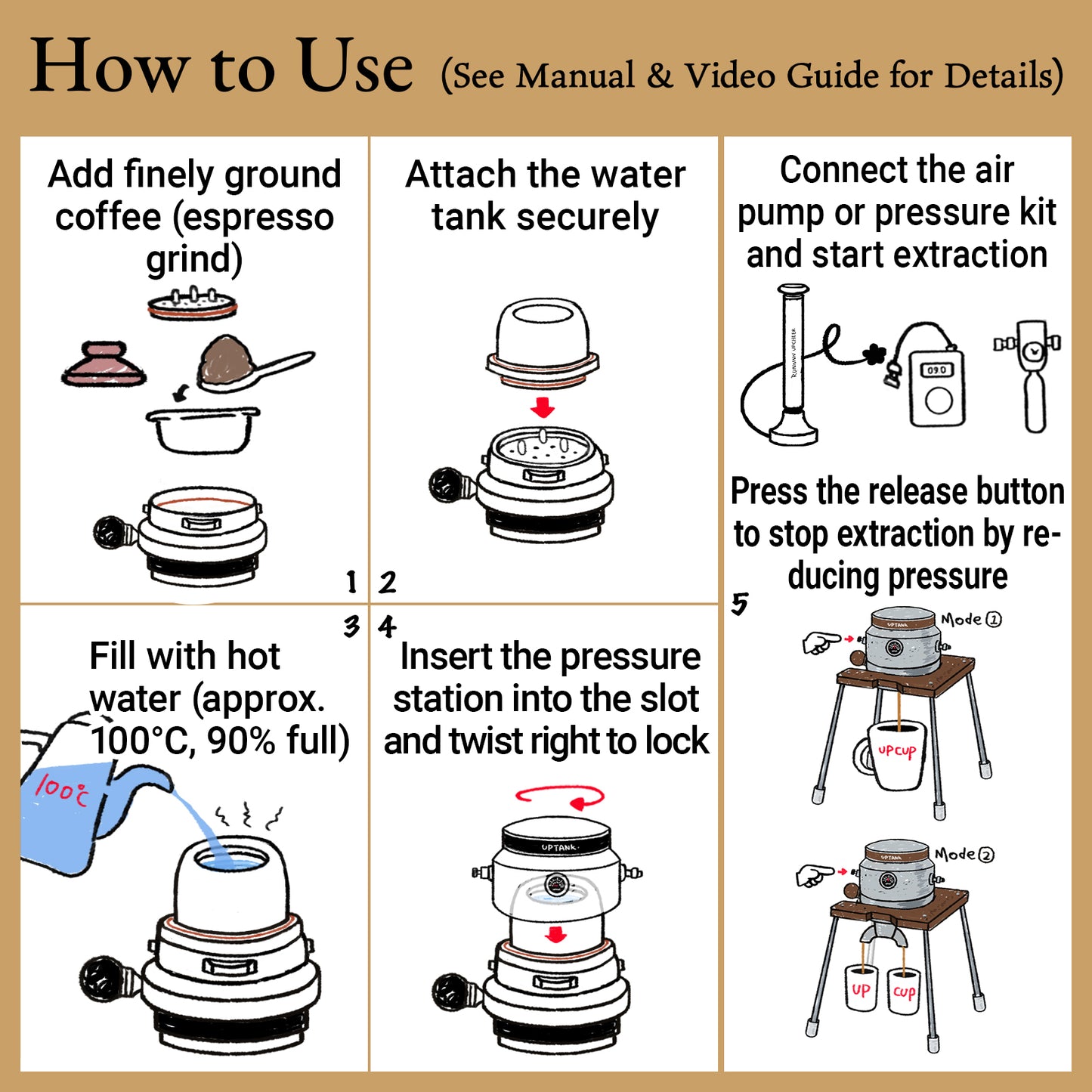 RUNNNN UPTANK Portable Espresso Machine (Maker Only, with Stand), 9 Bar Manual Pneumatic Espresso Maker, No Electricity, Stainless Steel Coffee Maker
