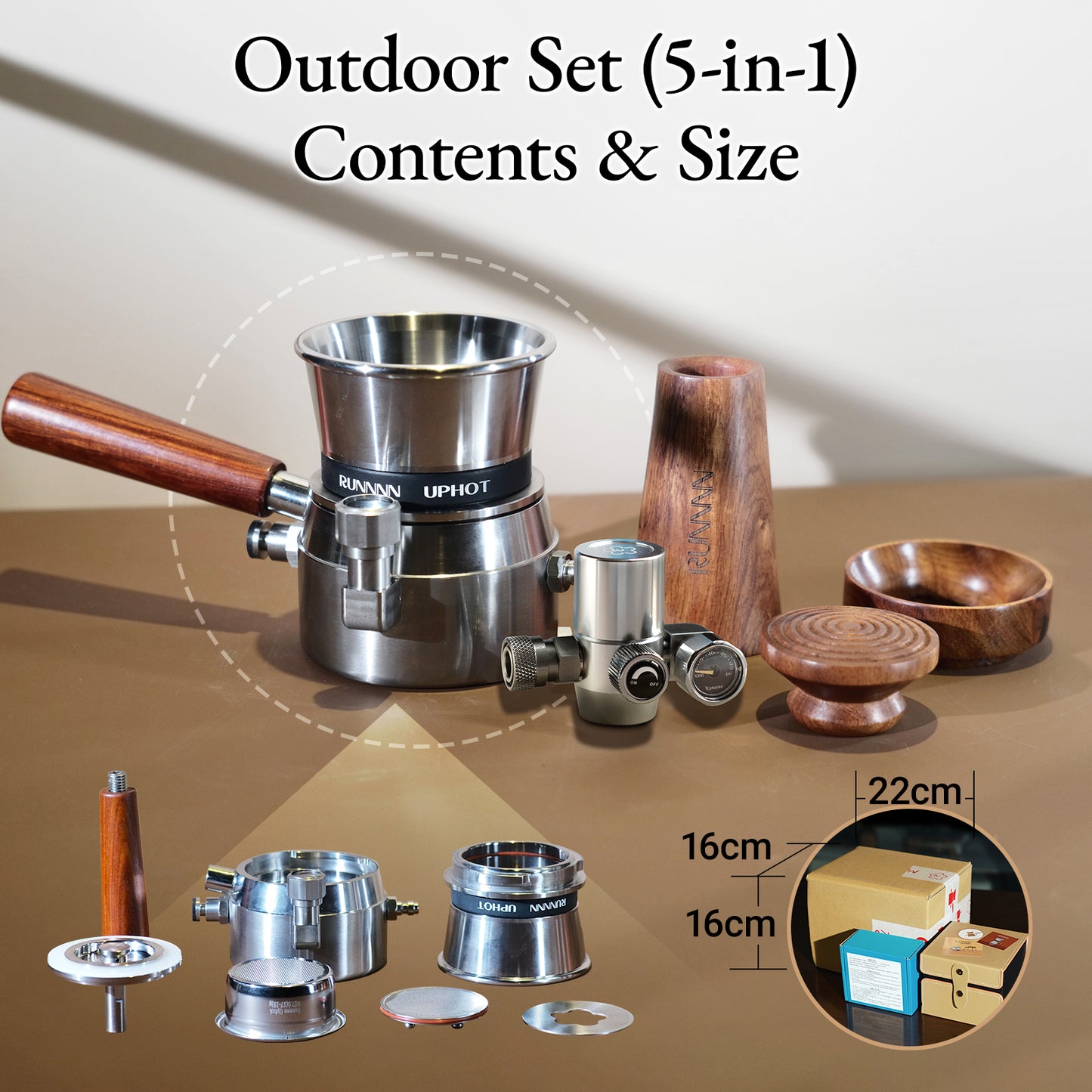 RUNNNN UPHOT Portable Espresso Machine 5-in-1, 9 Bar Pneumatic Manual Espresso Maker, No Power Needed, Stainless Steel, Compact for Camping Travel Outdoor